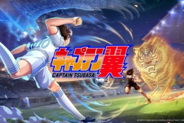 the image shows the anime mc from captain tsubasa ace facing toward an opponent of the opposite team. He has one leg extended behind him ready to kick the oncoming football. both characters have strong action poses suggesting they are running toward eachother on the pitch, and have auras in the shape of animals around them. The MC has a blue phoenix like bird and the opponent has a golden tiger