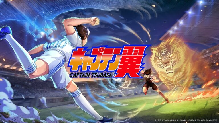 the image shows the anime mc from captain tsubasa ace facing toward an opponent of the opposite team. He has one leg extended behind him ready to kick the oncoming football. both characters have strong action poses suggesting they are running toward eachother on the pitch, and have auras in the shape of animals around them. The MC has a blue phoenix like bird and the opponent has a golden tiger