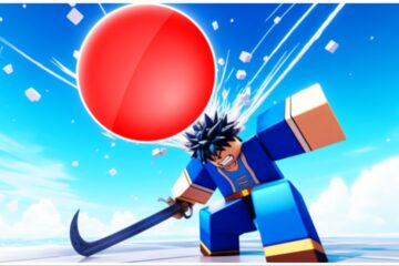 the image shows a character crouching to avoid the red dodgeball that is hurling towards him. He is on a white blank platform and holding a sword with an upturn curved edge