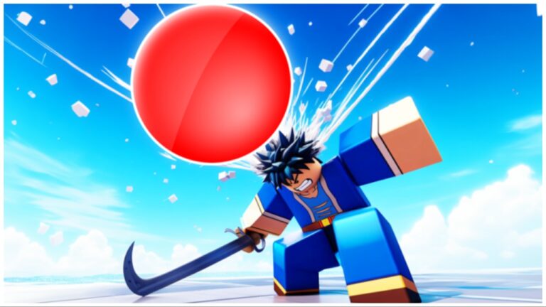 the image shows a character crouching to avoid the red dodgeball that is hurling towards him. He is on a white blank platform and holding a sword with an upturn curved edge
