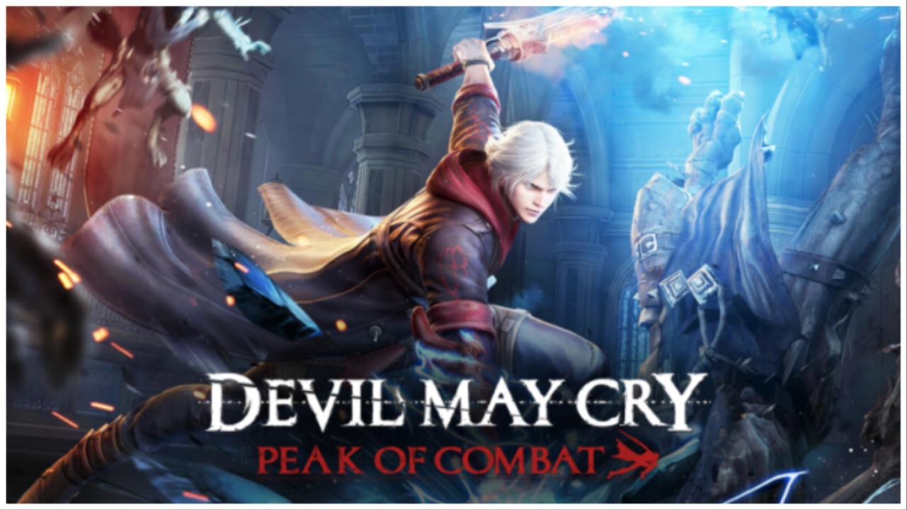 the image shows the DMC MC in an action pose as if he has just landed on the ground. He is wielding two weapons which emit an aura as enemies rush towards him 