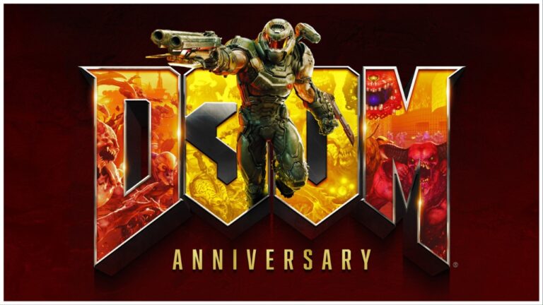 Poster for DOOM's 30th anniversary. The image shows a deep red background with the DOOM logo over the front, which has been coloured in a fiery way. Across the front of the logo is the Doom Protagonist in an action pose firing his gun off into the distance.