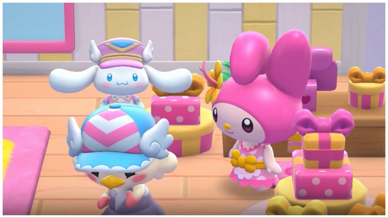 the image shows three characters in a cutesy 3d rendering style. Cinnamoroll is in the background with a cute pink cap with clouds on either side. My Melody is in the middle and at the front is the players avatar