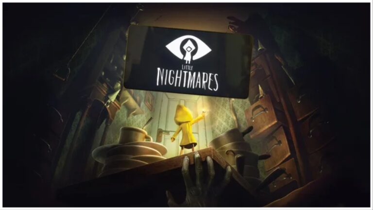 Poster for Little Nightmares - the protagonist Six is wearing her yellow raincoat and has her back turned towards viewers as she holds up her Zippo lighter while facing a shut door.
