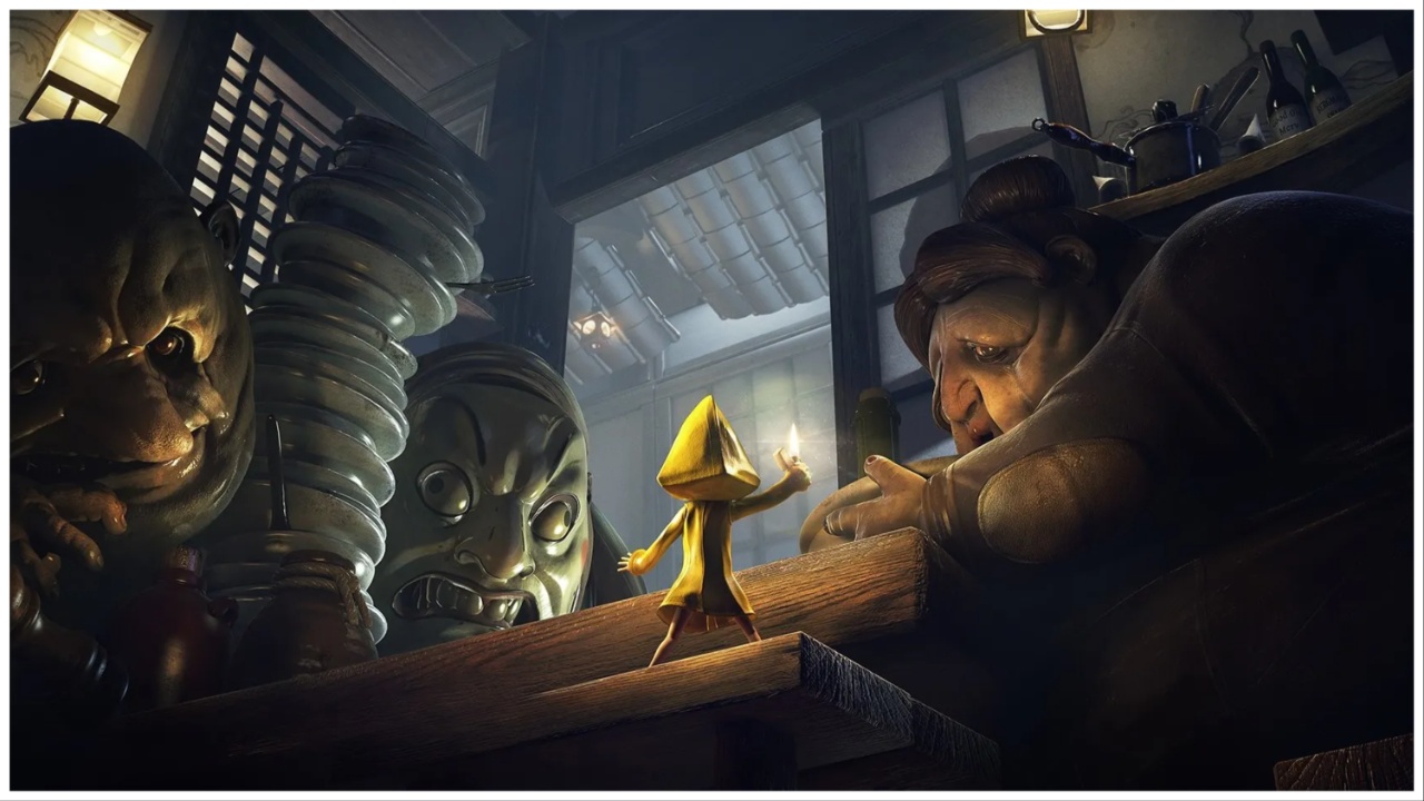 Scene from Little Nightmares - the protagonist Six is wearing her yellow raincoat and has her back turned towards viewers as she holds up her Zippo lighter while facing an exit.