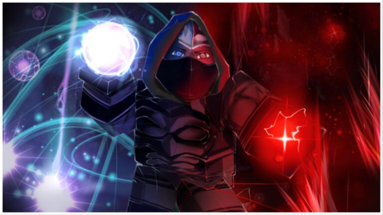 The image shows a hooded roblox character facing the viewer. Their black cloak also has a mask so that only their eyes are visible. Both their hands are shroud in different elemental energies, the viewer left being a white orb and viewer right being red and sharp