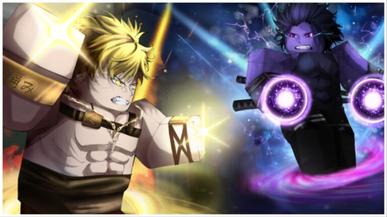 the image shows two characters locked in battle. The one closer to the viewer is a blonde shirtless man with yellow elemental power and the one further away is more shroud in mystery and clothed. The further away avatar has two purple and black nebula like orbs spewing from each fist