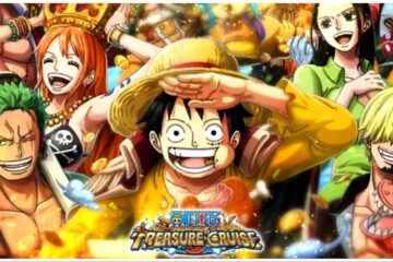the image shows a bunch of characters from one piece looking to the viewer with smiles. The colourful illustration features most of the strawhats: Luffy, Zoro, Sanji, Nami, and Robin. Alongside minor characters filling in the gaps around the picture
