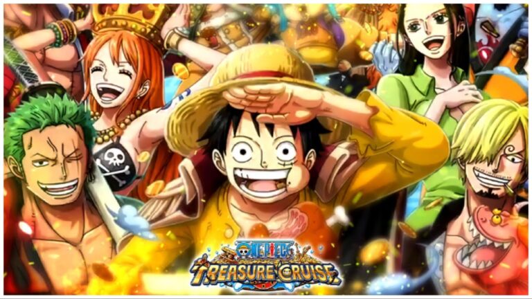 the image shows a bunch of characters from one piece looking to the viewer with smiles. The colourful illustration features most of the strawhats: Luffy, Zoro, Sanji, Nami, and Robin. Alongside minor characters filling in the gaps around the picture