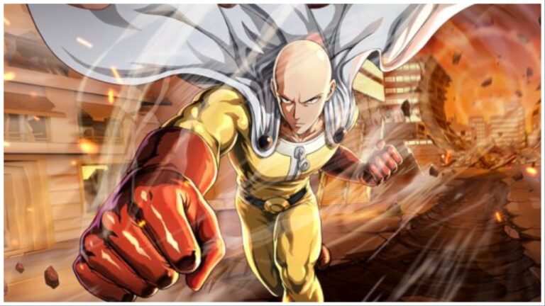 One Punch Man: World protagonist against a fiery backdrop charging towards the viewer
