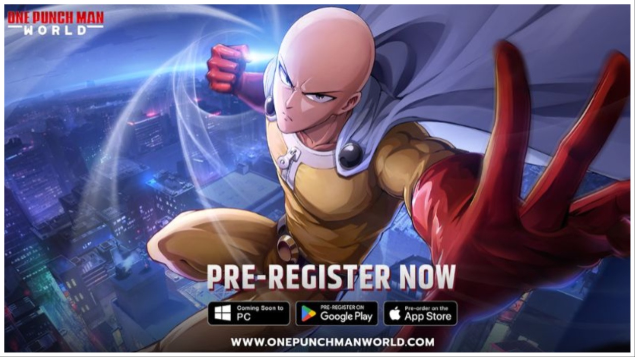 One Punch Man: World protagonist with one closed fist charging towards the viewer. A blue-ish cityscape is seen in the background. 