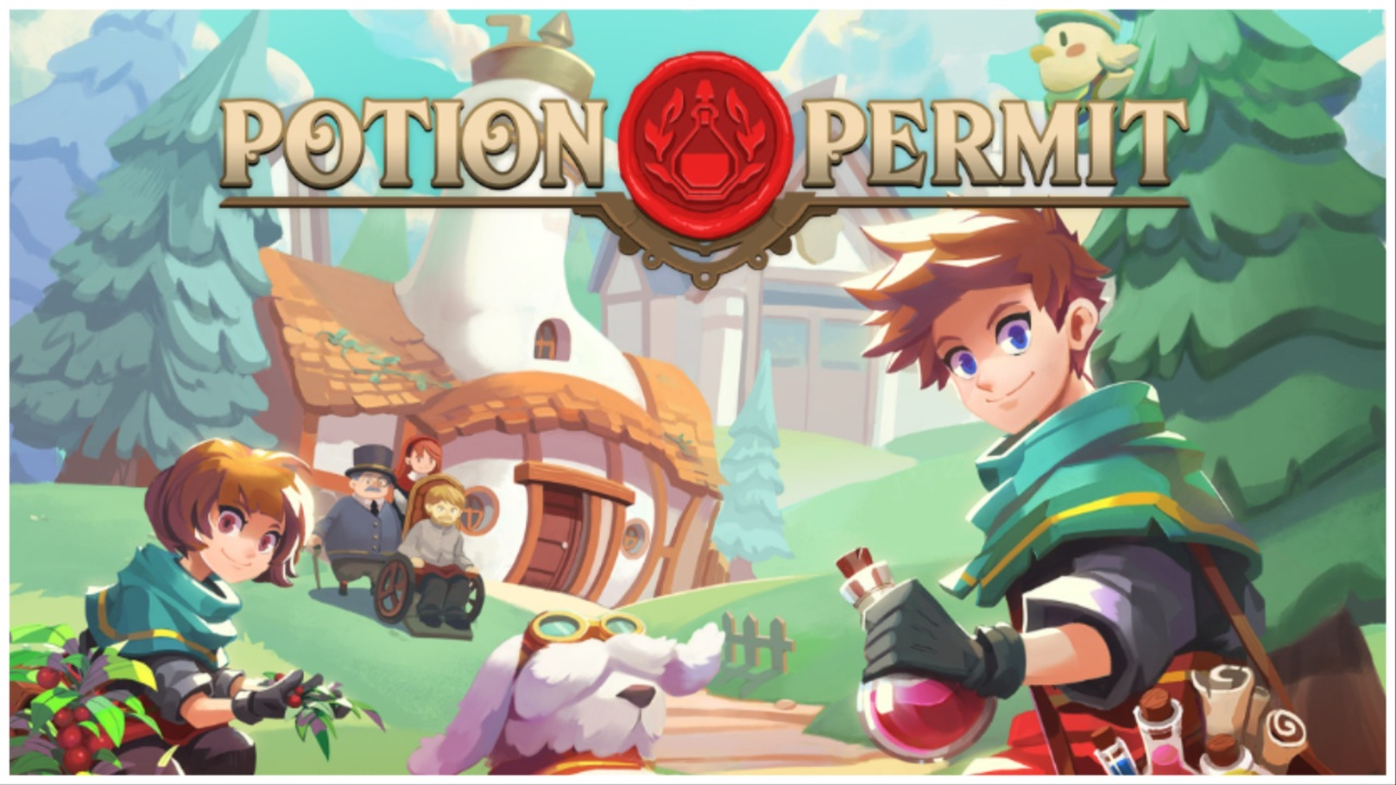 the main image for our potion permit section which shows two main characters with brown hair looking to the viewer. In the background a man in a wheelchair is being helped by two other locals