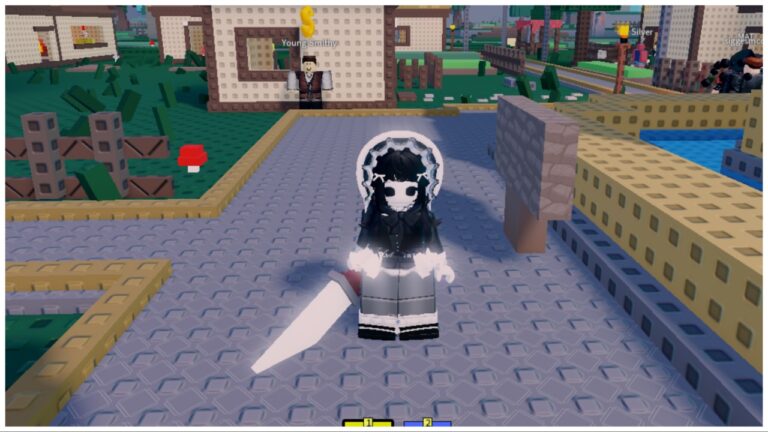 the image shows my character stood in the main village square holding a flat large sword. My avatar is a pale woman with black hair wearing a maid outfit. Rather random for an RPG