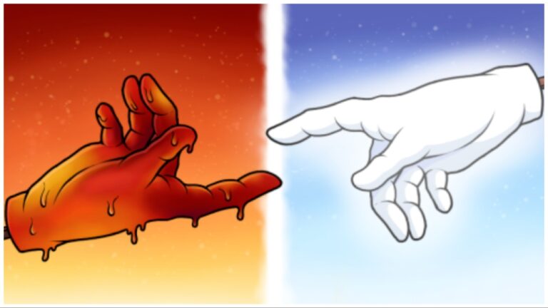image for our slap battles tier list shows two hands reaching to touch one another. The one on the left is melty and red so we assume its lava. The one on the right is a plain white glove and rather angelic
