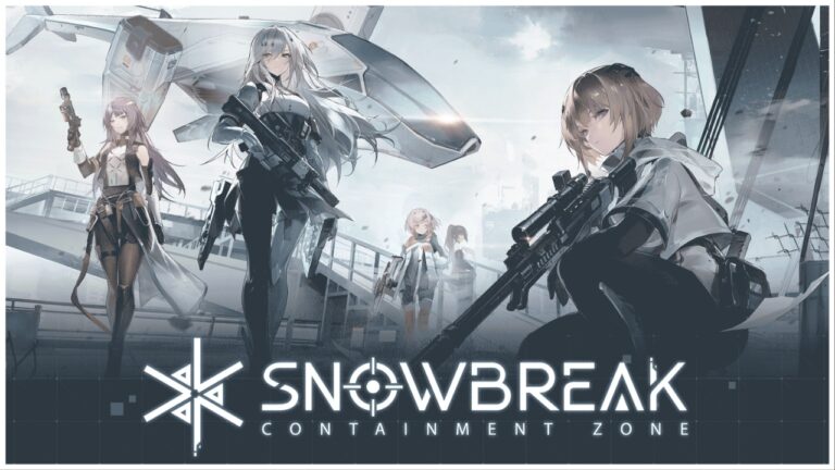 A monochromatic poster for Snowbreak: Containment Zone featuring some of the waifus from the game