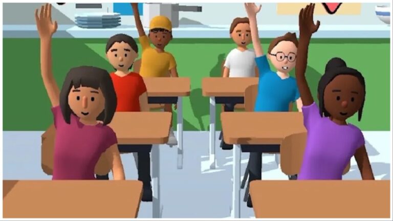 A classroom scene from Teacher Simulator where students have raised their hands.