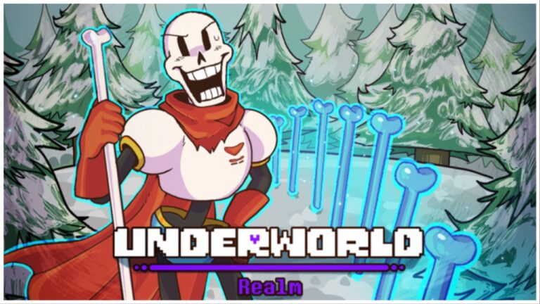 the illustration shows papyrus from undertale holding onto a staff with a big smile. he is in a snowed over forest with a fence of bones leading into the forest. the game title underworld is written on the bottom middle in the undertale font