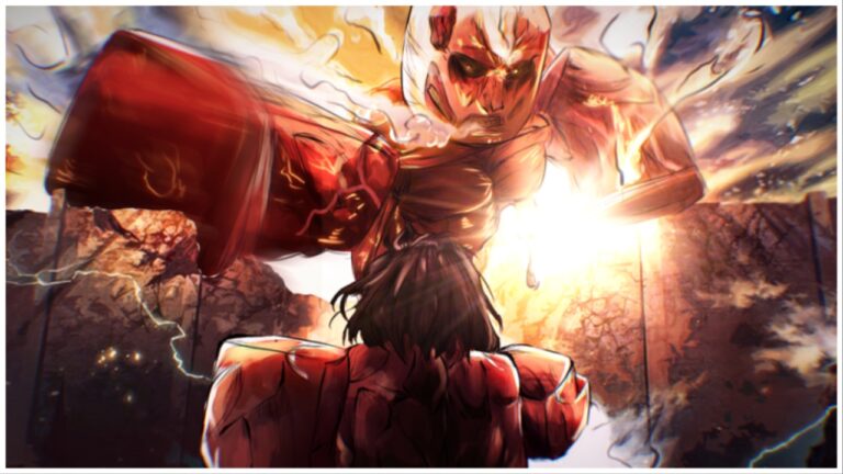 the image shows a roblox illustration of erens titan versus the muscle titan. The muscle titan is massive and towers over the entire art piece, eren has his back to the viewer and is stood in the bottom centre of the art piece