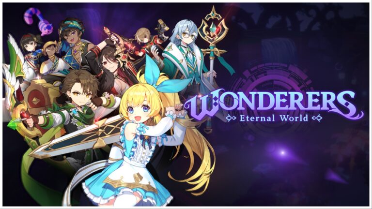Poster for Wonderers: Eternal World featuring important characters from the game against a royal purple backdrop.