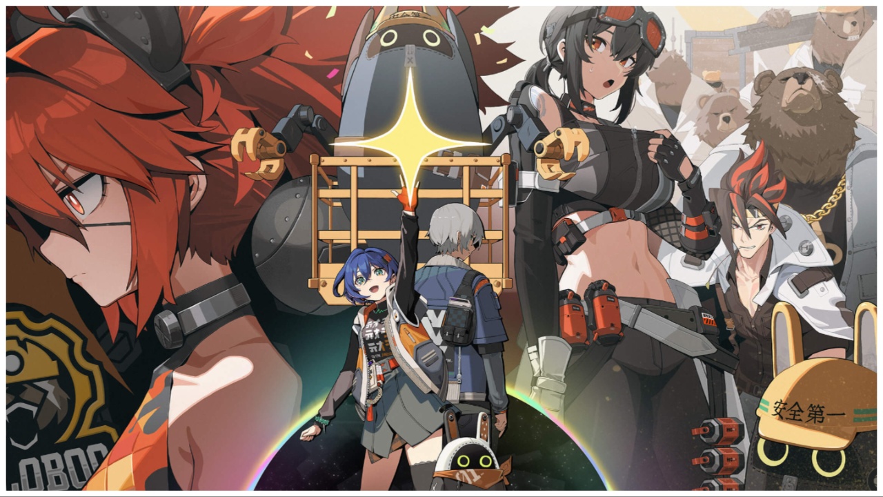 feature image for our segment on ZZZ which shows a bunch of characters in varying poses huddled on the illustration. Mmost notably is a womans head facing left with red hair and a stoic expression. In the centre are two characters and one of them has their hands extended upwards where a star is glowing 