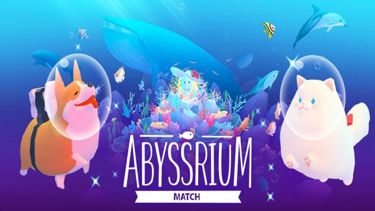 Featured Image for our news on Abyssrium Match. It features a whale, a polar bear, a red fox and a coralite surrounded by vibrant corals and fish.
