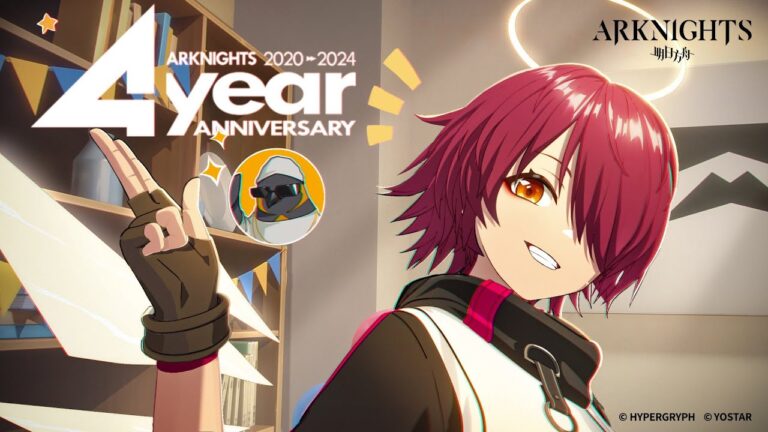 Featured Image for our news on Arknights 4th Anniversary PV. It features Exusiai waving her hands and Emperor inside a bubble.