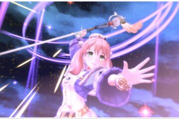 the image shows a woman extending a hand toward the viewer and her staff held behind her as she charges it for an attack. The sky is dark blues and greys and the girl is shroud in purple aura