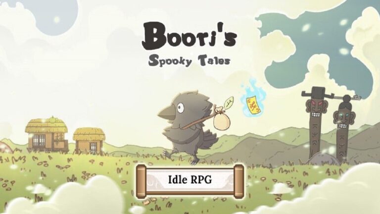 Featured image for our news on Boori’s Spooky Tales: Idle RPG. It features Boori walking with a stick on his shoulder that has a pouch tied to it. The scenery behind is really pretty with trees, green grass, birds and a tiny house far away.