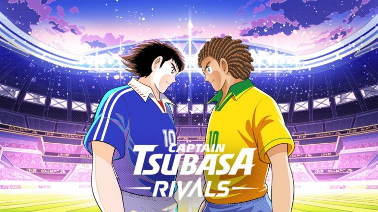 Featured image for our news on Captain Tsubasa RIVALS. It features two primary characters facing each otehr in a classic game rivalry style.