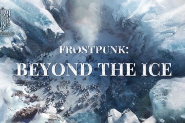 Featured image for our news on Frostpunk: Beyond the Ice. It features an icy background, a land full of snow, with the name of the game on top (in white).