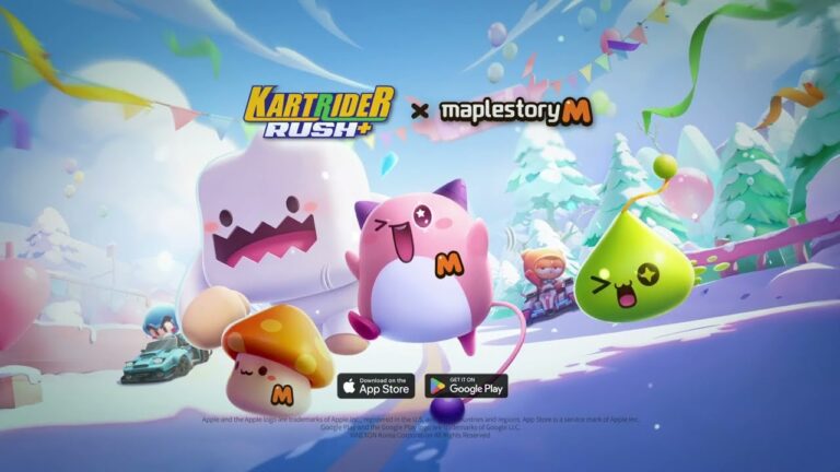 Featured image for our news on KartRider Rush x MapleStory M crossover. It features MapleStory M characters running in a jolly way. There's Orange Mushroom, Pink Bean and Green turnip.