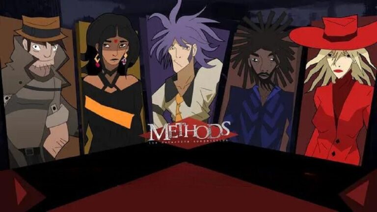 Featured Image for our news on Methods: Detective Competition. It features a variety of characters, a mix of detectives and criminals. We can see a guy with purple hair, another with afro hair, an Indian woman with bindi and a blonde woman in a red suit and red hat.