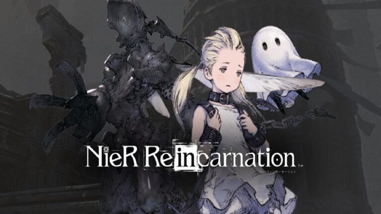 Featured Image for our news on NieR Reincarnation shutdown. It features Yuzuki with a worried expression. Behind her, we can see a black faceless monster and a white ghost.