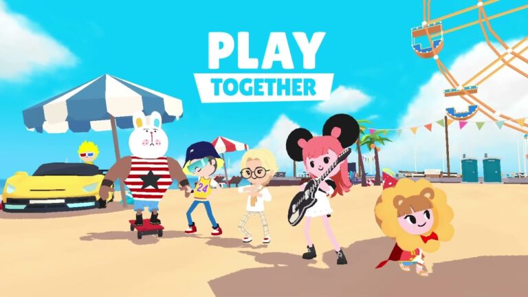Featured Image for our news on Play Together. It features various characters from the game on a beach with striped umbrellas.