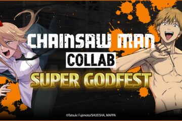 Featured Image for our news on Puzzle & Dragons x Chainsaw Man. It features the poster for Chainsaw Man Collab Super Godfest.