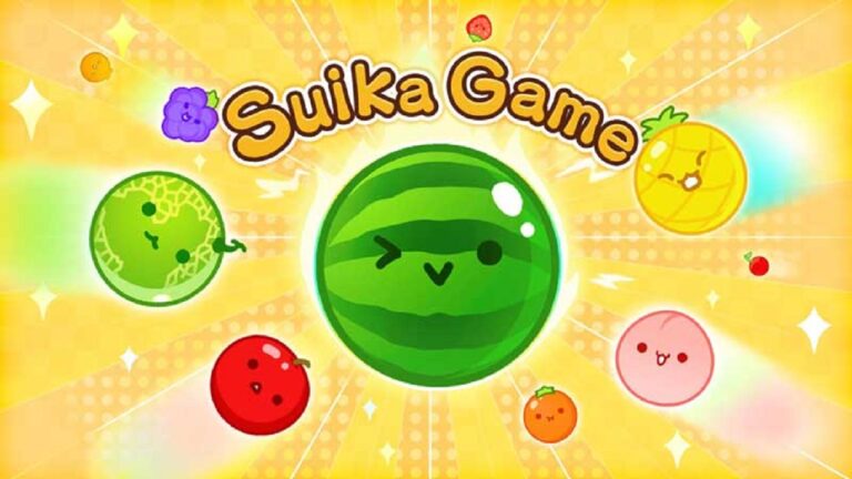 Featured Image for our news on Suika The Watermelon Game. It features the cute fruity characters including cherry, orange, lime, pineapple and more.