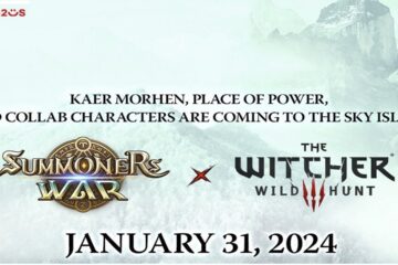 Featured Image for our news on Summoners War Sky Arena x Witcher 3. It features the announcement poster of the upcoming event with the launch date.