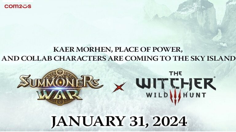 Featured Image for our news on Summoners War Sky Arena x Witcher 3. It features the announcement poster of the upcoming event with the launch date.