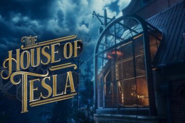 Featured Image for The House of Tesla. It features The House of Tesla and the lgoog of the game under a dark bluish hue that represents the night sky.
