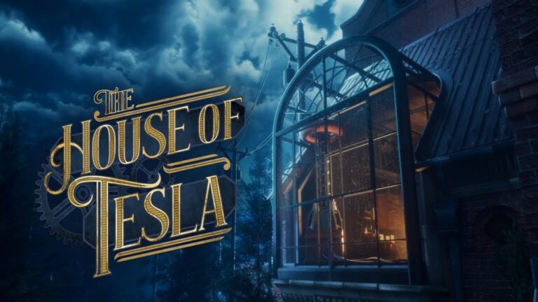 Featured Image for The House of Tesla. It features The House of Tesla and the lgoog of the game under a dark bluish hue that represents the night sky.