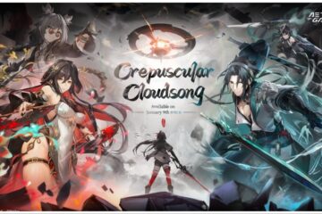 Aether Gazer poster announcing its upcoming event Crepuscular Cloudsong features characters from the event lining the left and right hand side of the image. The characters to the left have a red aura, and the ones on the right have a blue
