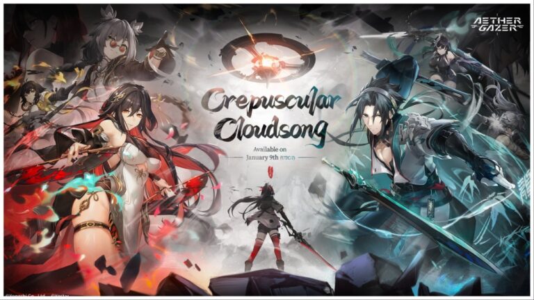 Aether Gazer poster announcing its upcoming event Crepuscular Cloudsong features characters from the event lining the left and right hand side of the image. The characters to the left have a red aura, and the ones on the right have a blue