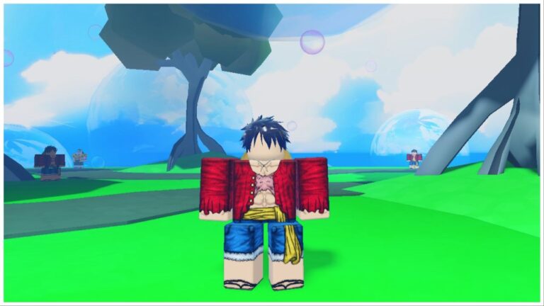 feature image for our anime fantasy simulator codes, the image features a screenshot from the game of a faceless roblox character that has similar hair and clothing to luffy from the one piece franchise, there are trees in the disrance, as well as giant floating bubbles with other roblox versions of luffy dotted around, there are clouds in the sky as the ocean stretches out in the background