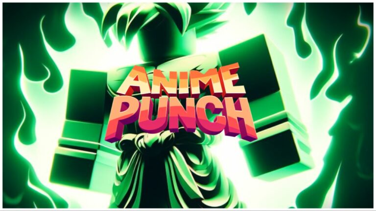 The image shows a green avatar of goku in the roblox style. He is faceless and has a green aura. In front of him in a warm red font it reads ANIME PUNCH