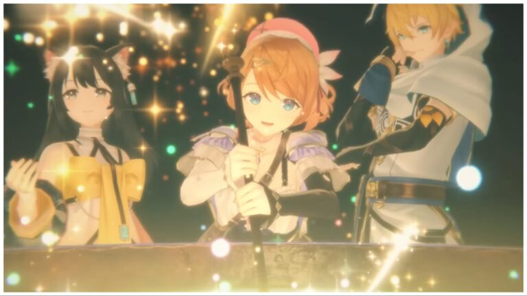 feature image for our atelier resleriana codes for ios guide shows three characters around a large cauldron at night with the character in the middle stirring the pot with a smile. Sparkles and bubbles are emitting from the brewing potion
