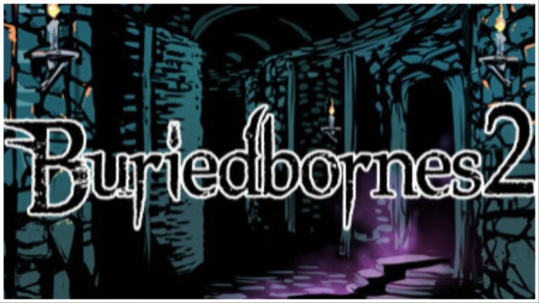Buriedbornes2 poster with the name of the title on a retro-style background featuring the insides of a dungeon.