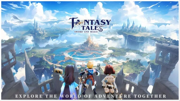 Poster for Fantasy Tales featuring three characters against a backdrop of the game's picturesque realm