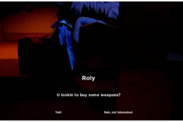 the image shows roly perched on a wooden ledge asking the player if they would like to buy some weapons. The lighting is red and dingy