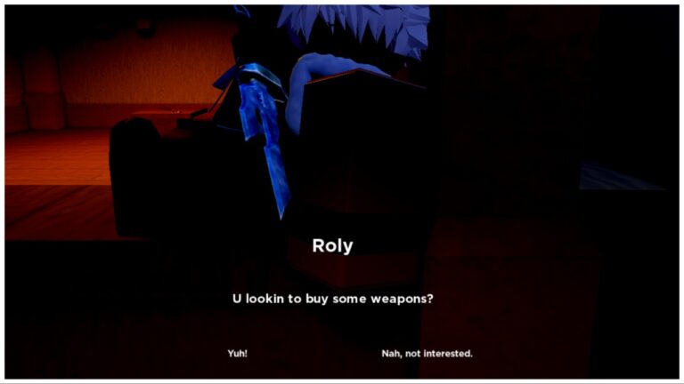the image shows roly perched on a wooden ledge asking the player if they would like to buy some weapons. The lighting is red and dingy