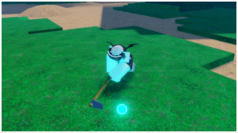 the image shows my avatar slamming the grassy ground with a farm tool whilst a blue orb lights the scenery around her